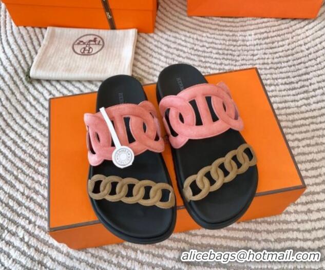 Low Price Hermes Extra Suede Chain Flat Slide Sandals Pink/Green 703033