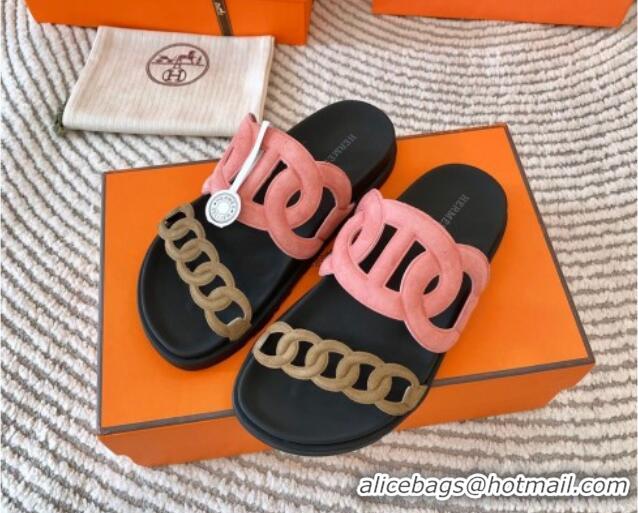 Low Price Hermes Extra Suede Chain Flat Slide Sandals Pink/Green 703033