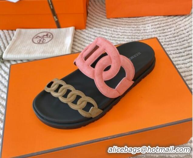 Low Price Hermes Extra Suede Chain Flat Slide Sandals Pink/Green 703033