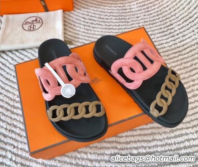 Low Price Hermes Extra Suede Chain Flat Slide Sandals Pink/Green 703033