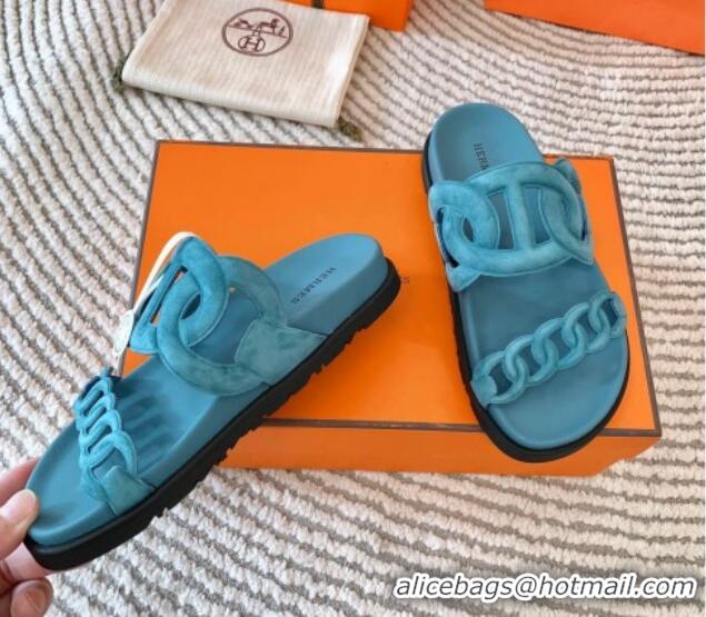 Top Design Hermes Extra Suede Chain Flat Slide Sandals Light Blue 703034