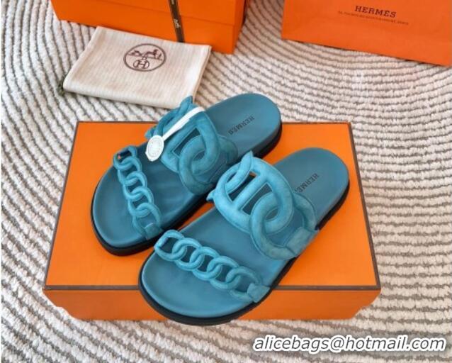 Top Design Hermes Extra Suede Chain Flat Slide Sandals Light Blue 703034