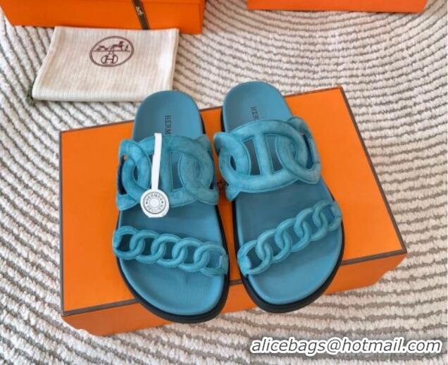 Top Design Hermes Extra Suede Chain Flat Slide Sandals Light Blue 703034