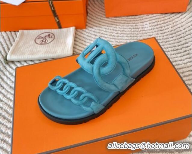 Top Design Hermes Extra Suede Chain Flat Slide Sandals Light Blue 703034