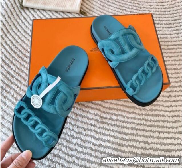 Top Design Hermes Extra Suede Chain Flat Slide Sandals Light Blue 703034