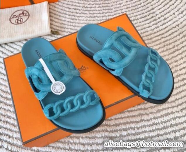 Top Design Hermes Extra Suede Chain Flat Slide Sandals Light Blue 703034