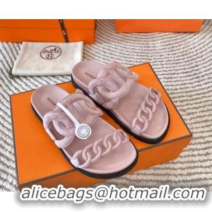 Good Looking Hermes Extra Suede Chain Flat Slide Sandals Light Pink 703035