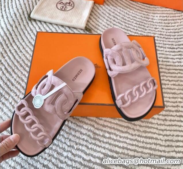 Good Looking Hermes Extra Suede Chain Flat Slide Sandals Light Pink 703035