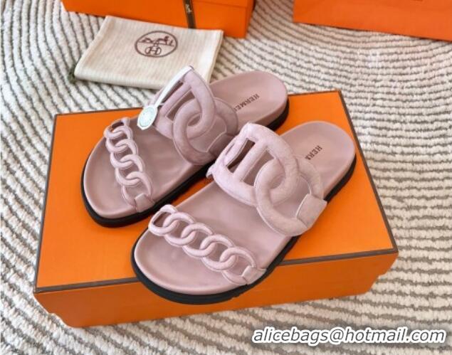 Good Looking Hermes Extra Suede Chain Flat Slide Sandals Light Pink 703035