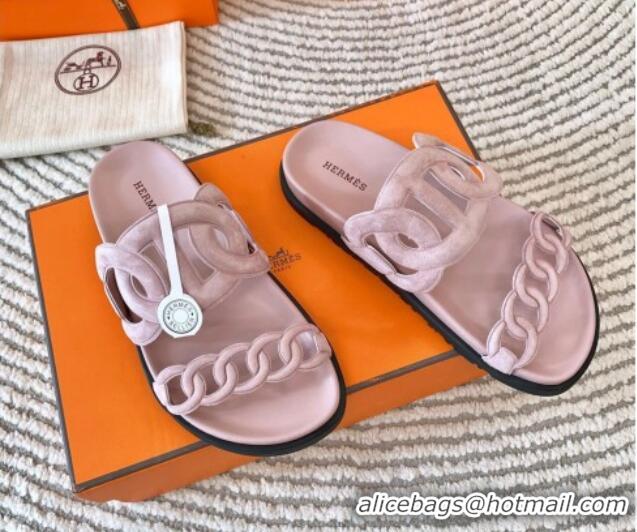 Good Looking Hermes Extra Suede Chain Flat Slide Sandals Light Pink 703035