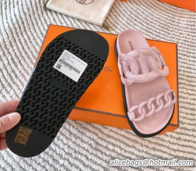 Good Looking Hermes Extra Suede Chain Flat Slide Sandals Light Pink 703035