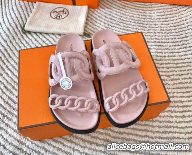 Good Looking Hermes Extra Suede Chain Flat Slide Sandals Light Pink 703035