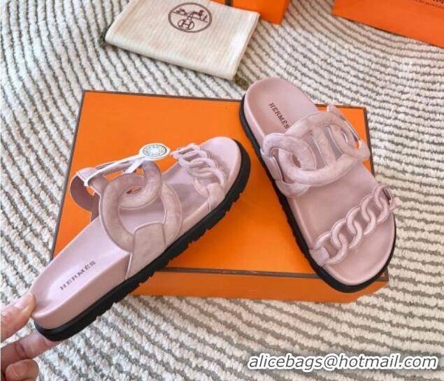 Good Looking Hermes Extra Suede Chain Flat Slide Sandals Light Pink 703035