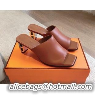 Sumptuous Hermes Iconique Heel Slides Sandal 6cm in Calfskin Brown 703036