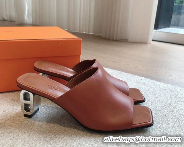 Sumptuous Hermes Iconique Heel Slides Sandal 6cm in Calfskin Brown 703036