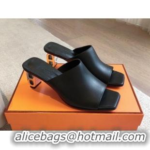 Popular Style Hermes Iconique Heel Slides Sandal 6cm in Calfskin Black 703037