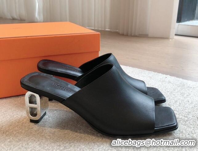 Popular Style Hermes Iconique Heel Slides Sandal 6cm in Calfskin Black 703037