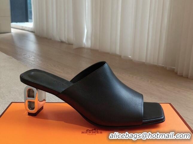 Popular Style Hermes Iconique Heel Slides Sandal 6cm in Calfskin Black 703037