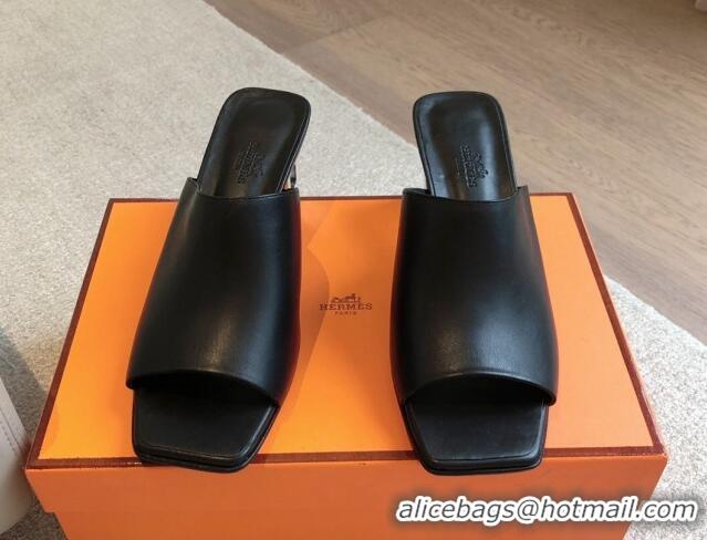 Popular Style Hermes Iconique Heel Slides Sandal 6cm in Calfskin Black 703037