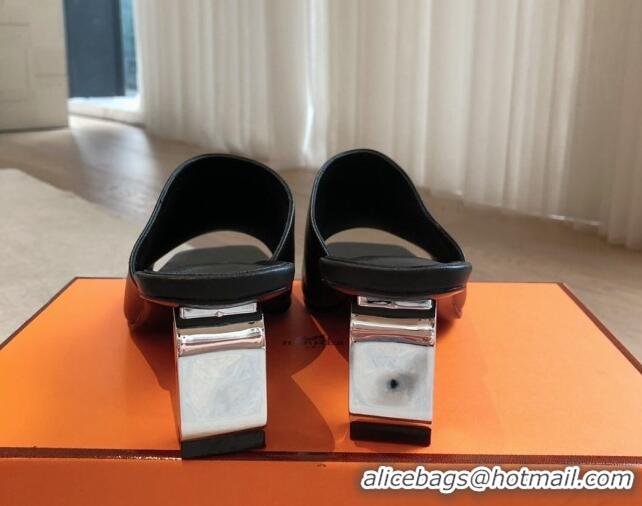 Popular Style Hermes Iconique Heel Slides Sandal 6cm in Calfskin Black 703037