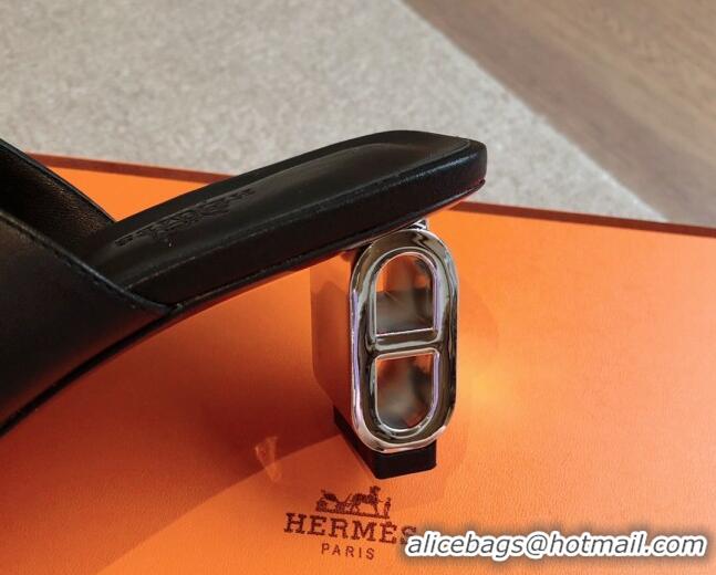 Popular Style Hermes Iconique Heel Slides Sandal 6cm in Calfskin Black 703037