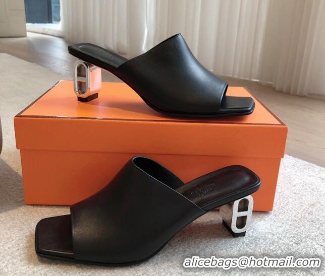 Popular Style Hermes Iconique Heel Slides Sandal 6cm in Calfskin Black 703037