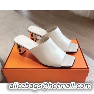 Super Quality Hermes Iconique Heel Slides Sandal 6cm in Calfskin White 703038