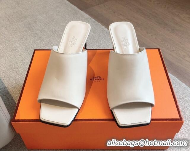 Super Quality Hermes Iconique Heel Slides Sandal 6cm in Calfskin White 703038