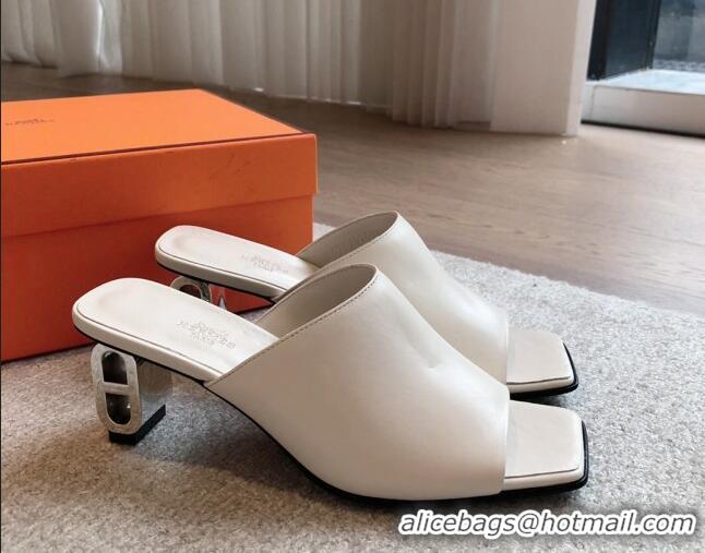 Super Quality Hermes Iconique Heel Slides Sandal 6cm in Calfskin White 703038