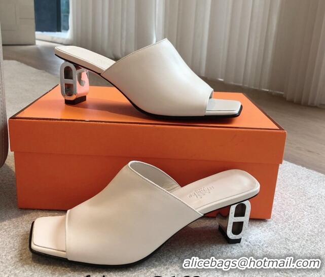 Super Quality Hermes Iconique Heel Slides Sandal 6cm in Calfskin White 703038