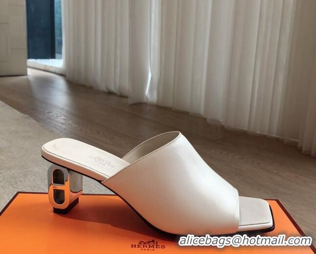 Super Quality Hermes Iconique Heel Slides Sandal 6cm in Calfskin White 703038