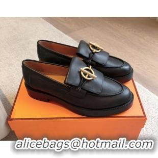 Unique Style Hermes Impact Loafers Flat in Calfskin with Glenan Buckle Black 703039