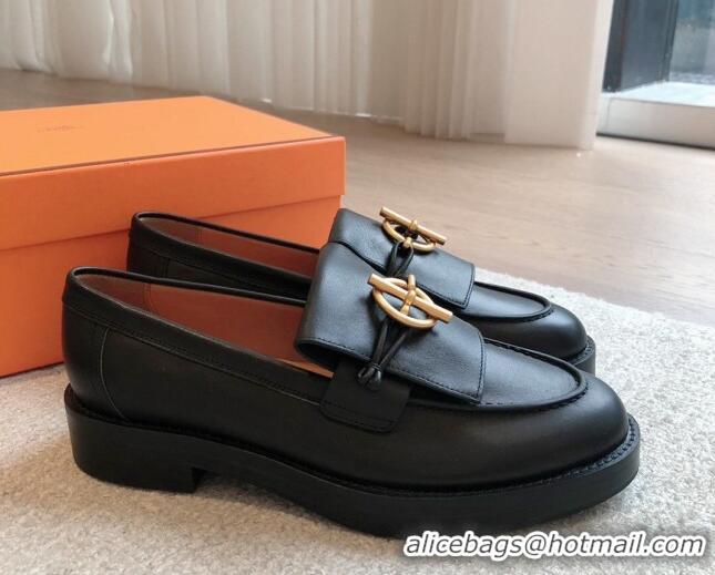 Unique Style Hermes Impact Loafers Flat in Calfskin with Glenan Buckle Black 703039