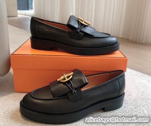 Unique Style Hermes Impact Loafers Flat in Calfskin with Glenan Buckle Black 703039