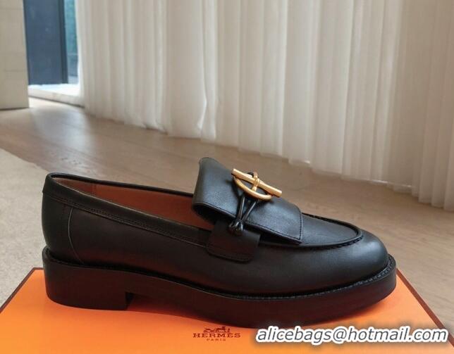 Unique Style Hermes Impact Loafers Flat in Calfskin with Glenan Buckle Black 703039