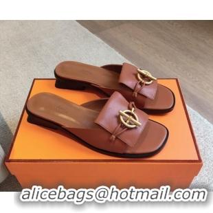 Low Price Hermes Isle Flat Slides Sandal in Calfskin with Glenan Buckle Brown 703042