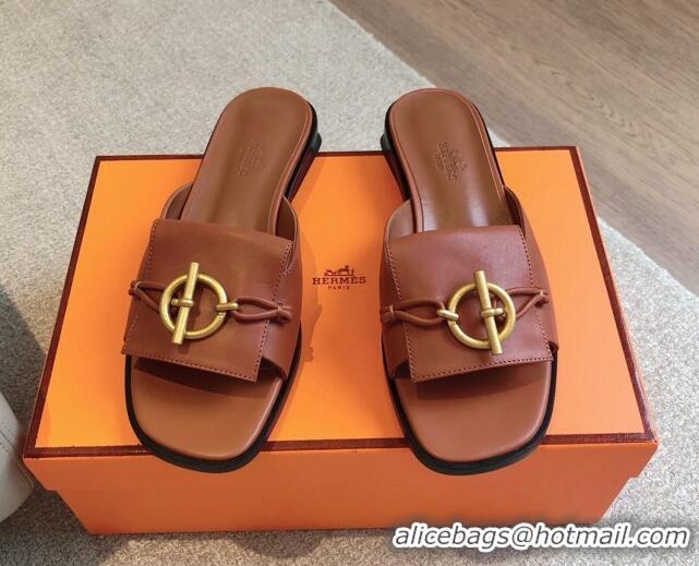 Low Price Hermes Isle Flat Slides Sandal in Calfskin with Glenan Buckle Brown 703042