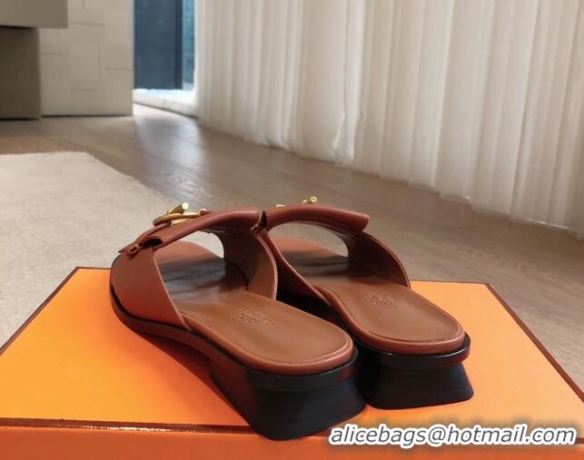 Low Price Hermes Isle Flat Slides Sandal in Calfskin with Glenan Buckle Brown 703042