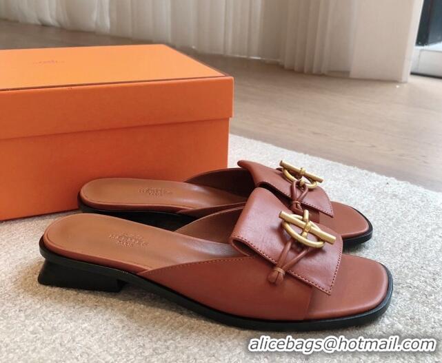 Low Price Hermes Isle Flat Slides Sandal in Calfskin with Glenan Buckle Brown 703042