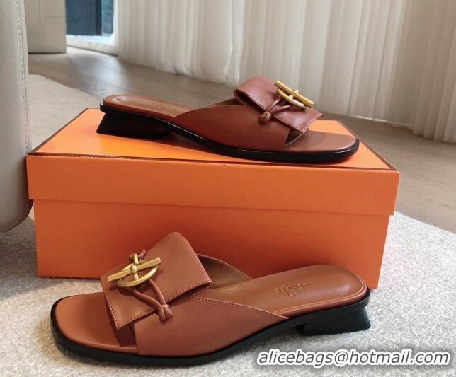 Low Price Hermes Isle Flat Slides Sandal in Calfskin with Glenan Buckle Brown 703042