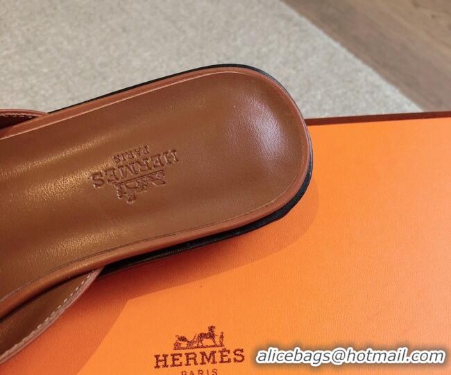 Low Price Hermes Isle Flat Slides Sandal in Calfskin with Glenan Buckle Brown 703042