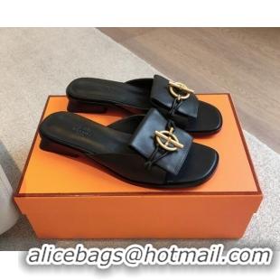 Good Looking Hermes Isle Flat Slides Sandal in Calfskin with Glenan Buckle Black 703043