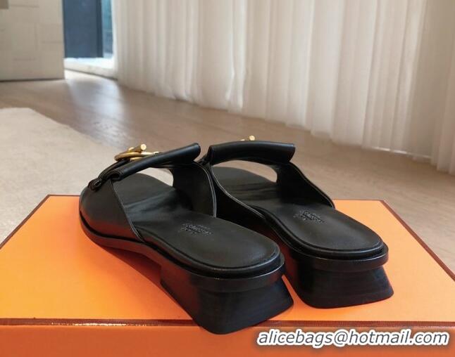 Good Looking Hermes Isle Flat Slides Sandal in Calfskin with Glenan Buckle Black 703043