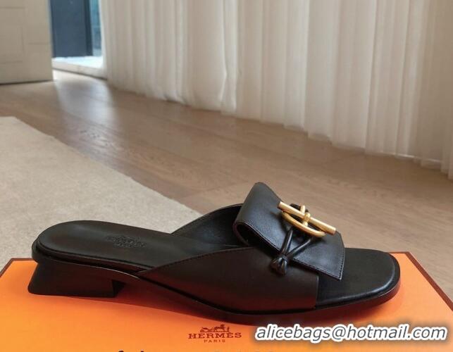 Good Looking Hermes Isle Flat Slides Sandal in Calfskin with Glenan Buckle Black 703043