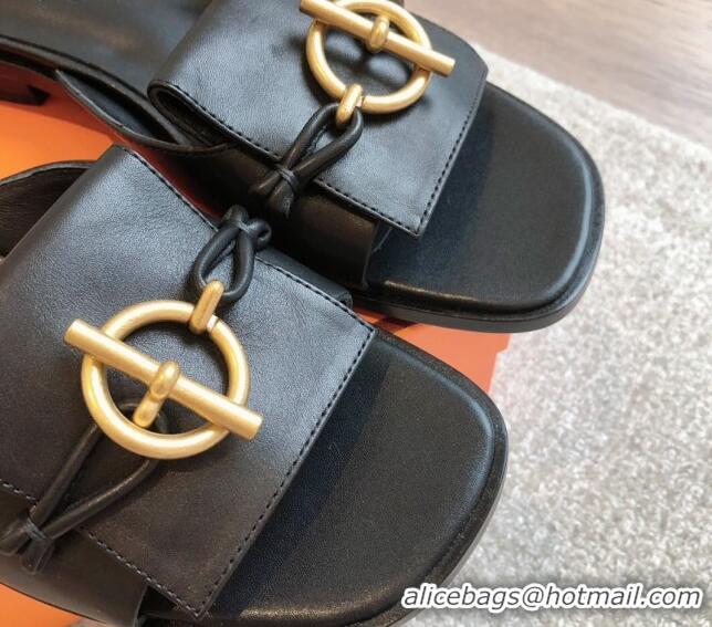 Good Looking Hermes Isle Flat Slides Sandal in Calfskin with Glenan Buckle Black 703043