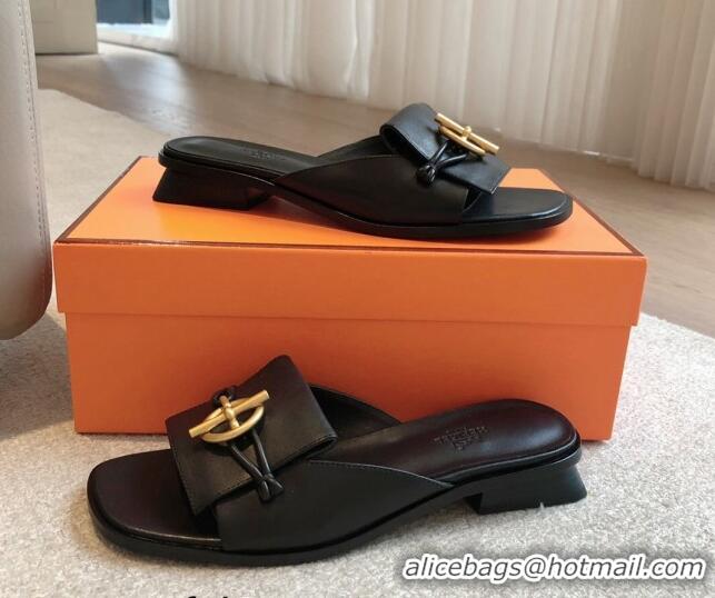 Good Looking Hermes Isle Flat Slides Sandal in Calfskin with Glenan Buckle Black 703043