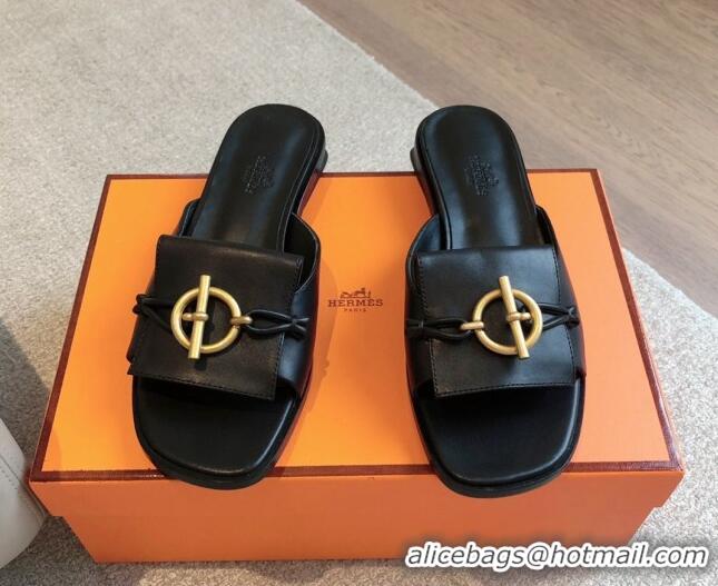 Good Looking Hermes Isle Flat Slides Sandal in Calfskin with Glenan Buckle Black 703043