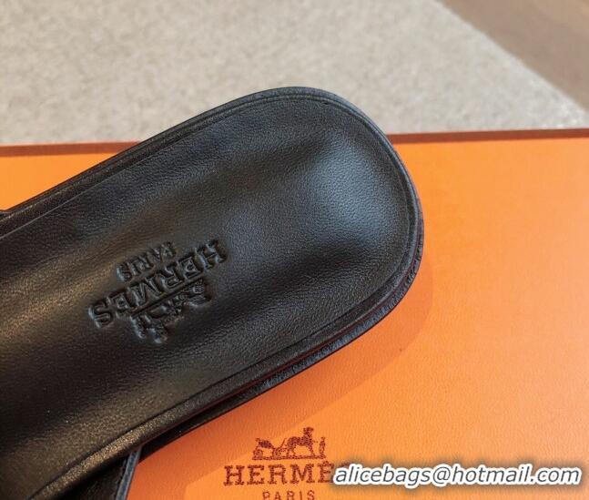 Good Looking Hermes Isle Flat Slides Sandal in Calfskin with Glenan Buckle Black 703043