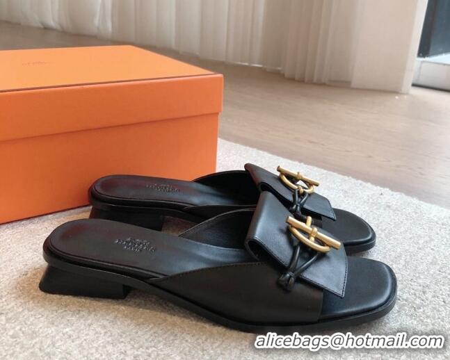 Good Looking Hermes Isle Flat Slides Sandal in Calfskin with Glenan Buckle Black 703043