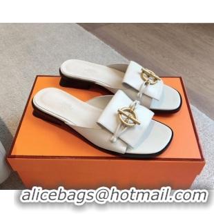 Discount Hermes Isle Flat Slides Sandal in Calfskin with Glenan Buckle White 703044